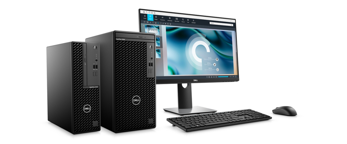 مجموعه ای از مانیتور و کیبورد و موس و دو مدل کامپیوتر دسکتاپ Optiplex 3090