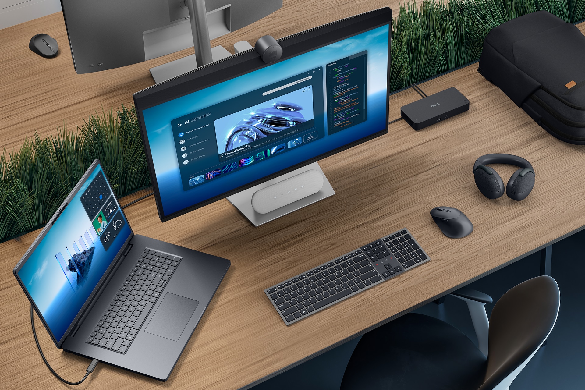 تصویری از میز کار با لپ تاپ MB18250 دل و یک مانیتور دل